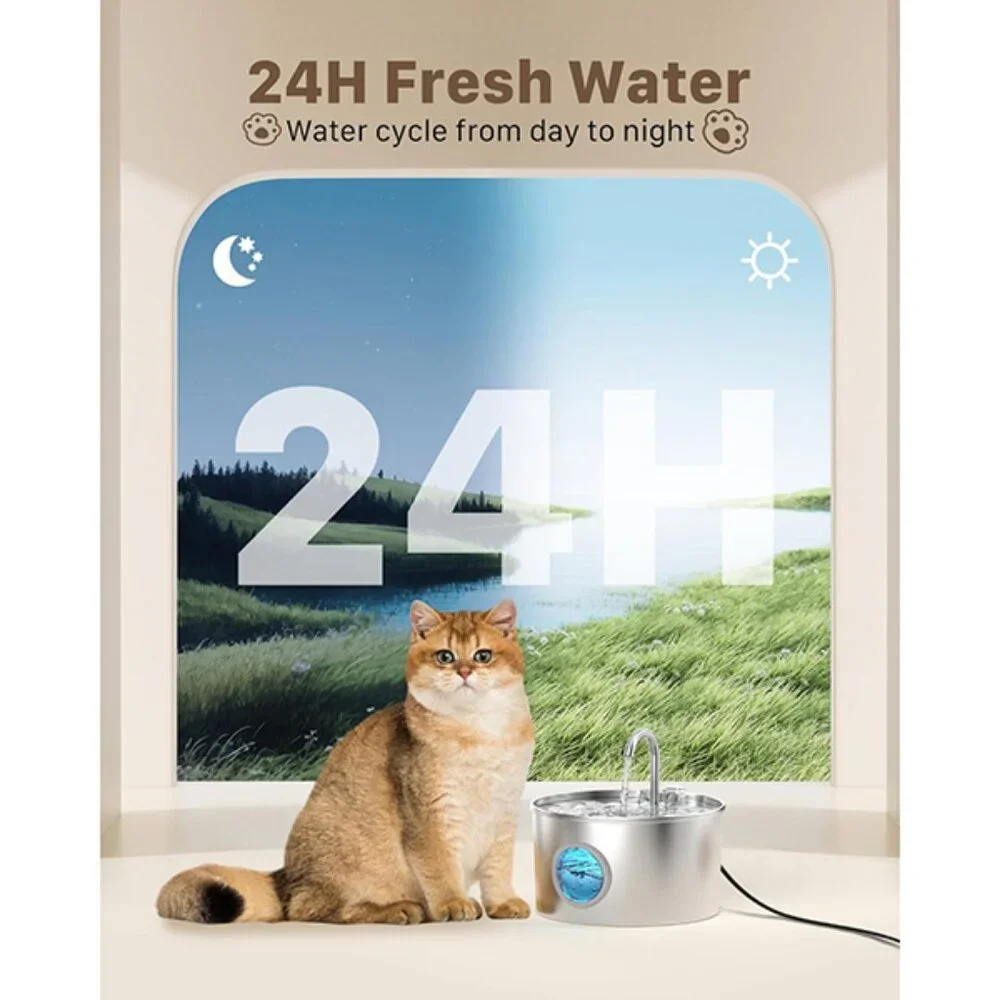New Stainless Steel Cat Water Fountain 74oz Quiet Dispenser for Pets